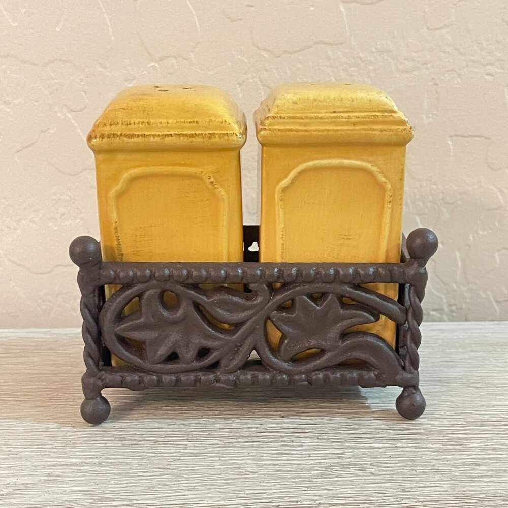 Vintage Yellow Ceramic Salt and Pepper Set with Dark Metal Holder
